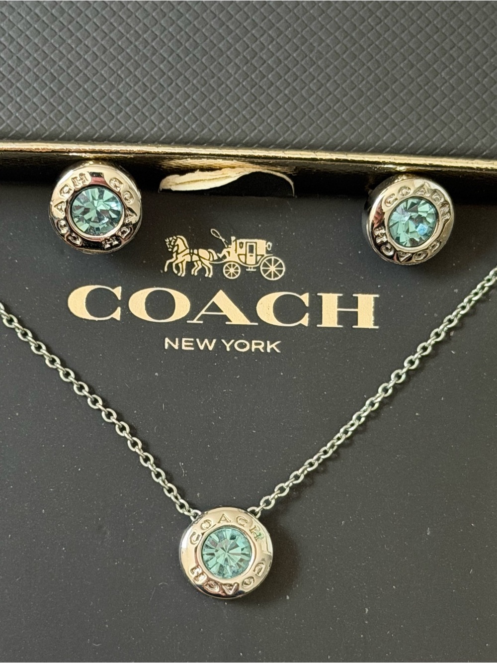 Coach Silver-Tone Necklace & Stud Earrings with Aqua Crystals